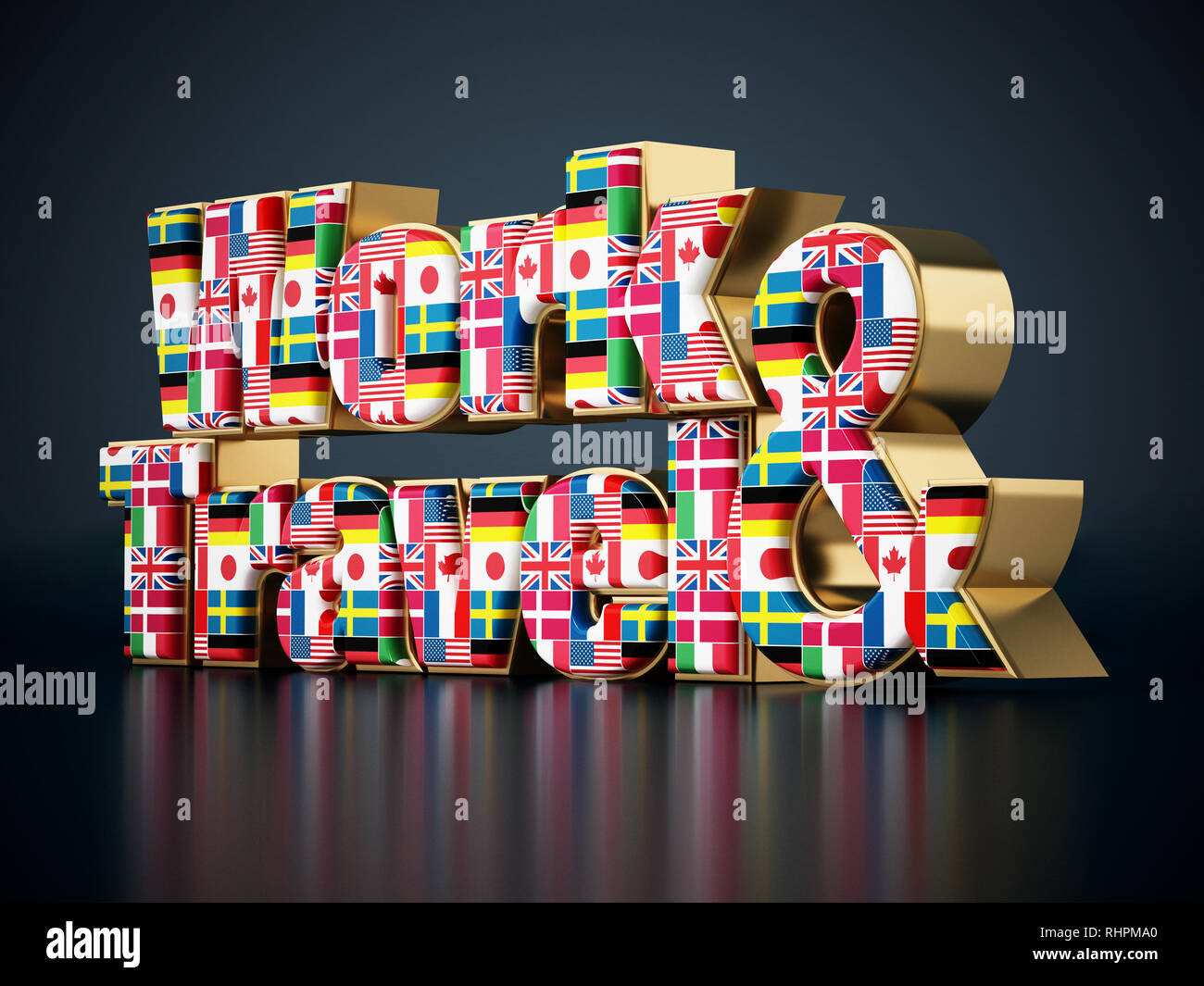 Travail et Voyage texte avec les drapeaux des pays. 3D illustration. Banque D'Images