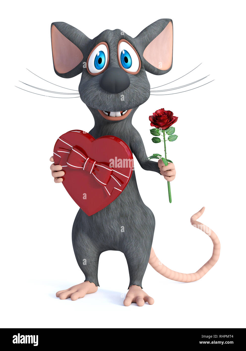 Le rendu 3D d'un sourire mignon cartoon souris tenant une boîte de chocolat en forme de cœur dans une main et une rose rouge dans l'autre main. Il est prêt pour un Rom Banque D'Images
