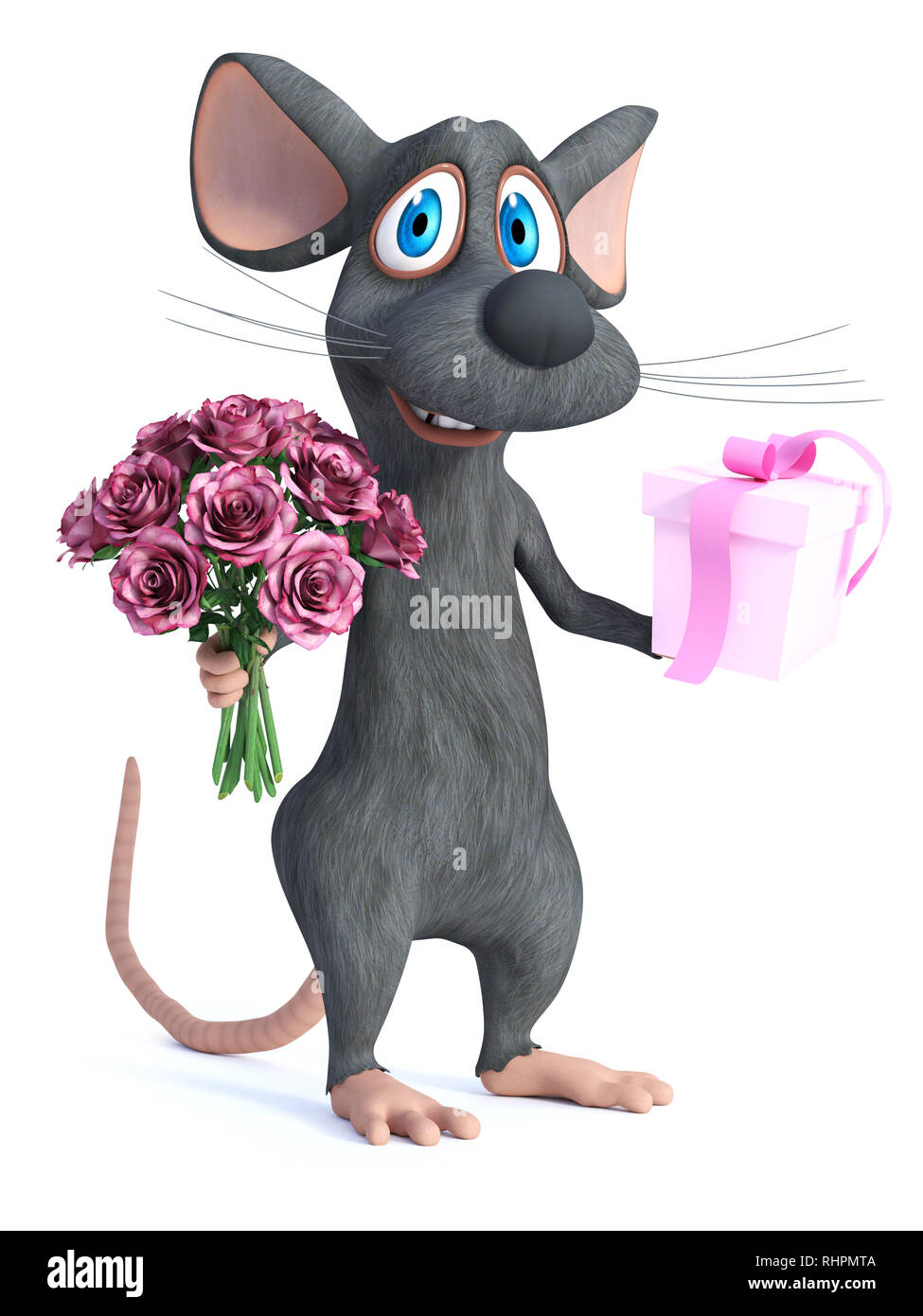 Le rendu 3D d'un sourire mignon cartoon souris tenant un bouquet de roses roses dans une main et un cadeau dans l'autre. Il est prêt pour une saint Valentin romantique Banque D'Images