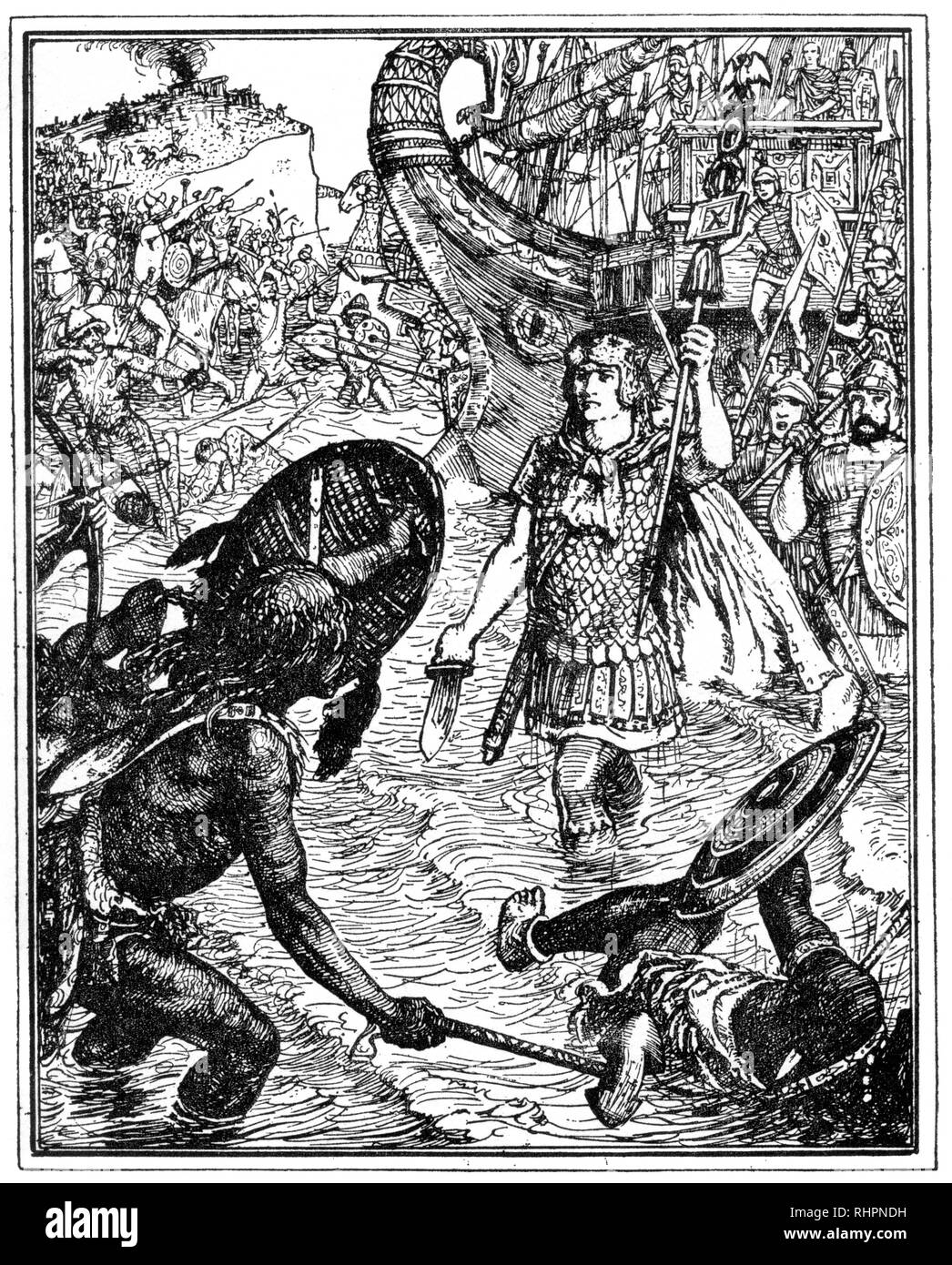 Le débarquement des Romains. Par Henry Justice Ford (1860-1941). La conquête romaine de la Grande-Bretagne a commencé effectivement en 43 sous l'empereur Claudius, dont le général Aulus Platius a servi comme premier gouverneur de la Grande-Bretagne romaine (Britannia). Banque D'Images