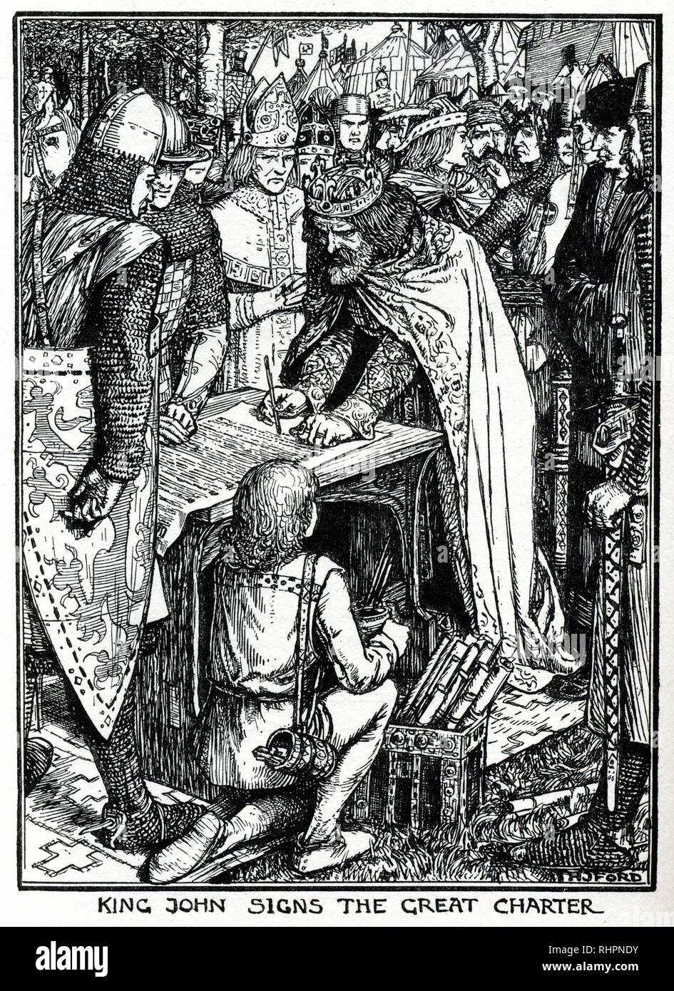 Le roi John signe la Grande Charte. Par Henry Justice Ford (1860-1941). Le roi John (1166-1216), également connu sous le nom de John Lackland, fut roi d'Angleterre de 1199 à 1216. La révolte baronique à la fin du règne de Jean a conduit à la fermeture de la Magna Carta. Banque D'Images