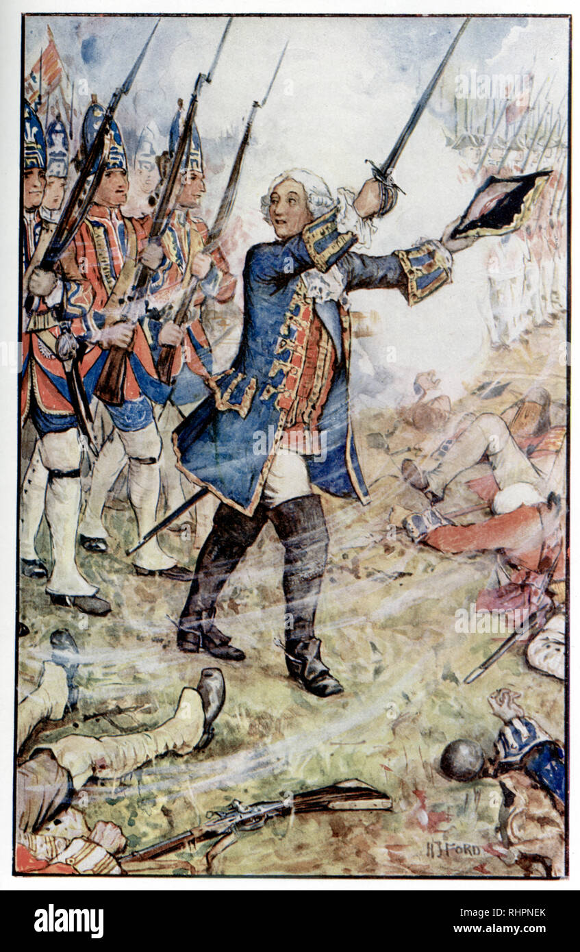 George II à Dettingen, 1743. Par Henry Justice Ford (1860-1941). La bataille de Dettingen (Schlacht BEI Dettingen) a eu lieu le 27th juin 1743 à Dettingen sur le main, en Allemagne, pendant la guerre de succession autrichienne. Les forces britanniques, en alliance avec celles de Hanovre et de Hesse, battent une armée française sous le duc de Noailles. George II a commandé ses troupes dans la bataille, ce qui a marqué la dernière fois qu'un monarque britannique a personnellement dirigé ses troupes sur le champ de bataille. Banque D'Images