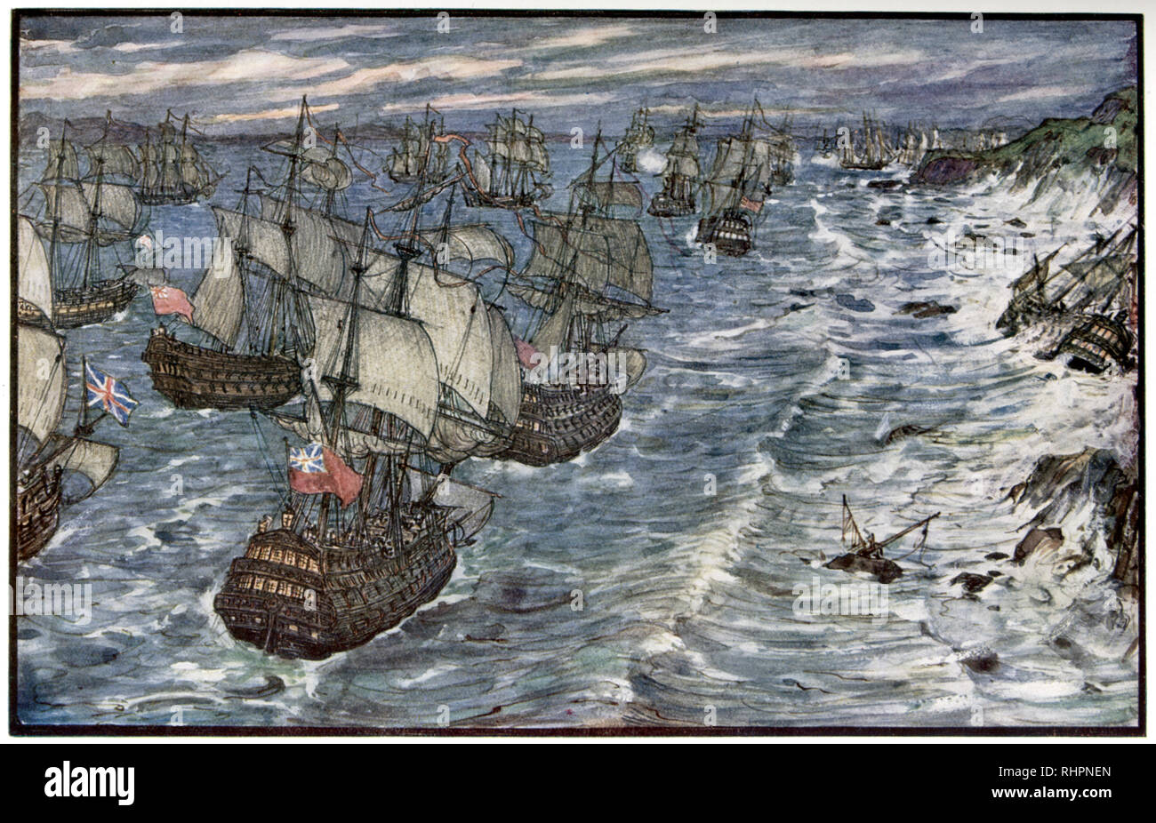 Baie de Quiberon, 1759. Par Henry Justice Ford (1860-1941). La bataille de la baie de Quiberon (bataille des Cardinaux) a été un engagement naval décisif mené le 20th novembre 1759 au cours de la guerre de sept ans entre la Marine royale et la Marine française. Banque D'Images