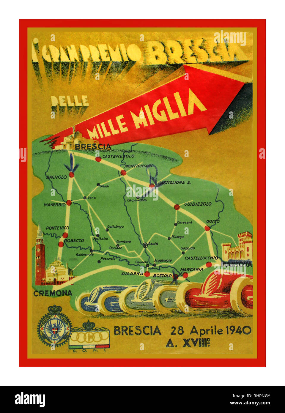 MILLE MIGLIA 1940 Poster des courses automobiles anciennes mille Miglia 1st Grand Prix Brescia 28th avril 1940. Malgré une suspension de la mille Miglia par Mussolini en raison d'un accident mortel en 1938 qui a entraîné la mort de 10 spectateurs, une version plus petite de l'événement, officiellement la Gran Premio di Brescia a eu lieu sur un cours triangulaire avec Brescia, Mantoue et Cremona à ses apex. La course a nécessité neuf tours sur le circuit de 104 miles Von Hanstein - Baumer a gagné la course. Vitesse gagnante de 104,20 km/h dans une BMW Banque D'Images