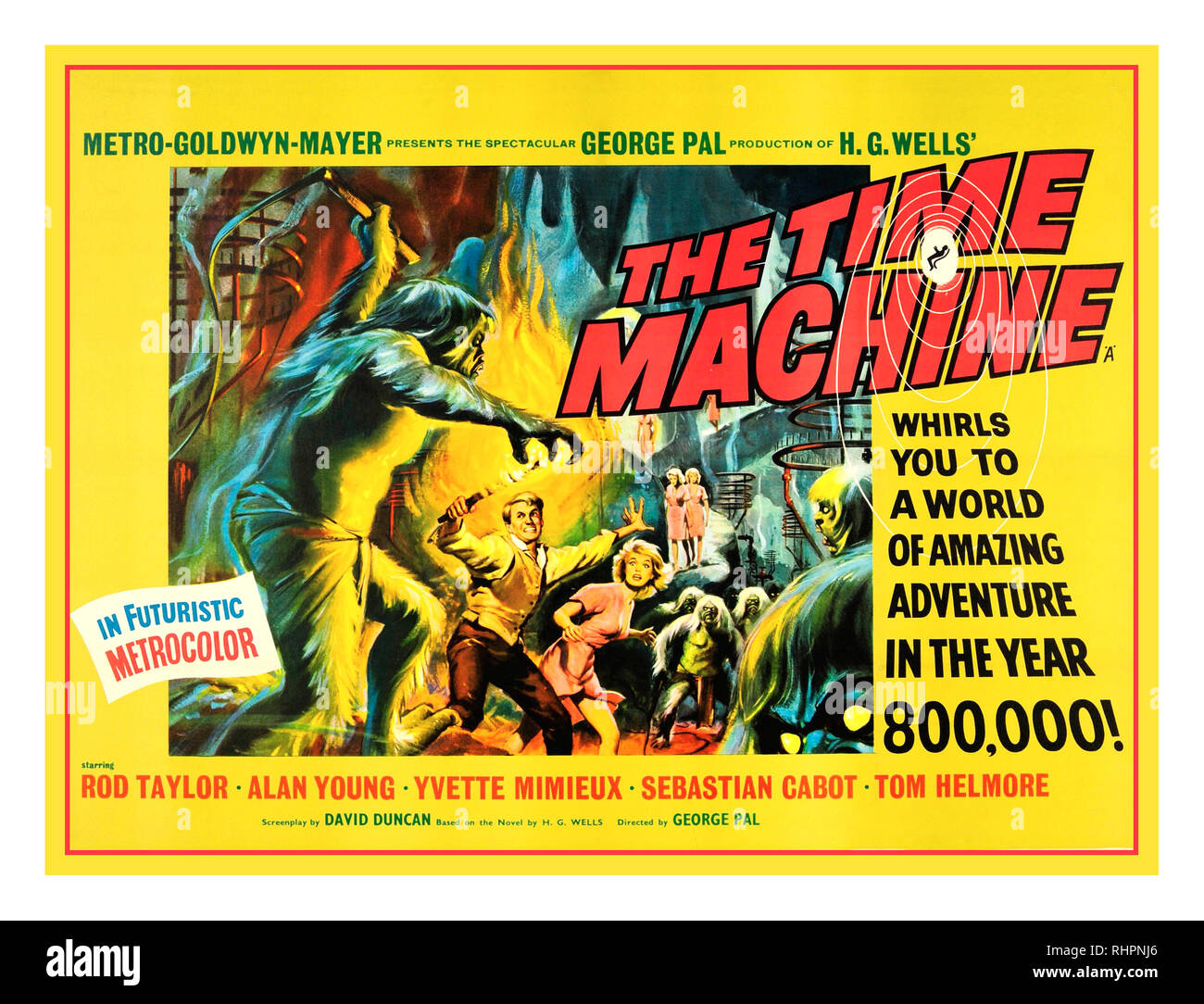 Film de science-fiction Vintage 1960 affiche de film pour "Le temps machine' par H.G. Wells la machine à remonter le temps (aussi connu comme promotionally H. G. Wells' La Time Machine) est un film américain de science-fiction 1960 dans 'Metrocolor futuriste' de la Metro-Goldwyn-Mayer, produit et réalisé par George Pal, qui stars Rod Taylor, Yvette Mimieux, et Alan Young. Banque D'Images