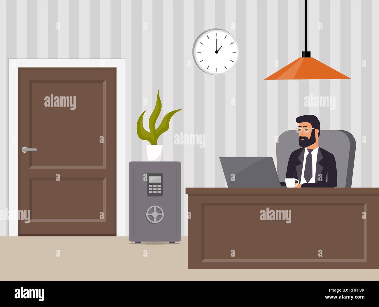 Chef s'office. Boss en costume et lunettes, travailler sur ordinateur portable. Coffre-fort, table, chaise, plante en pot, réveil et lampe. L'intérieur du bureau. Vector illustration Illustration de Vecteur