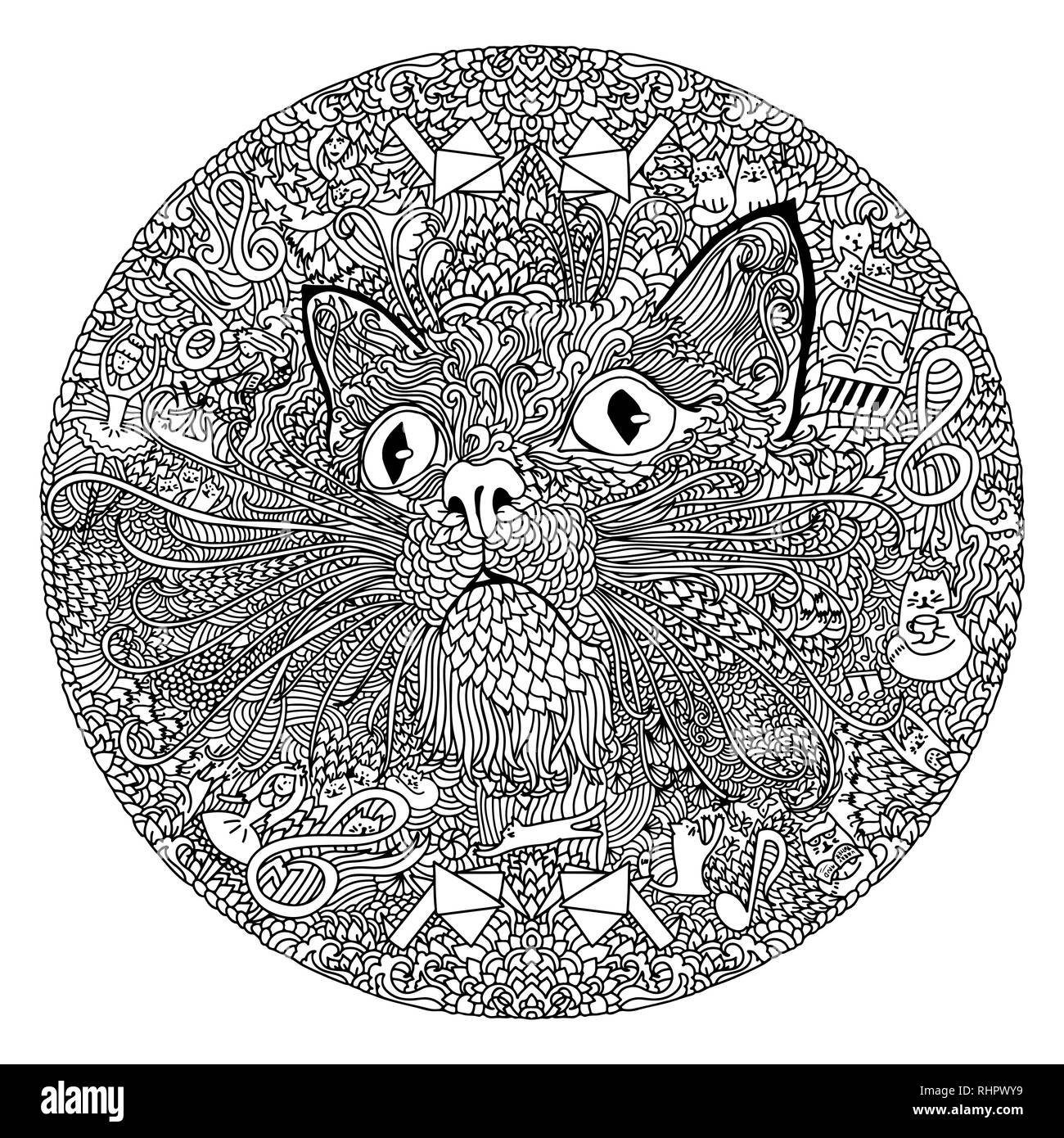 Mandala rond avec motif de chats à colorier. Illustration de Vecteur