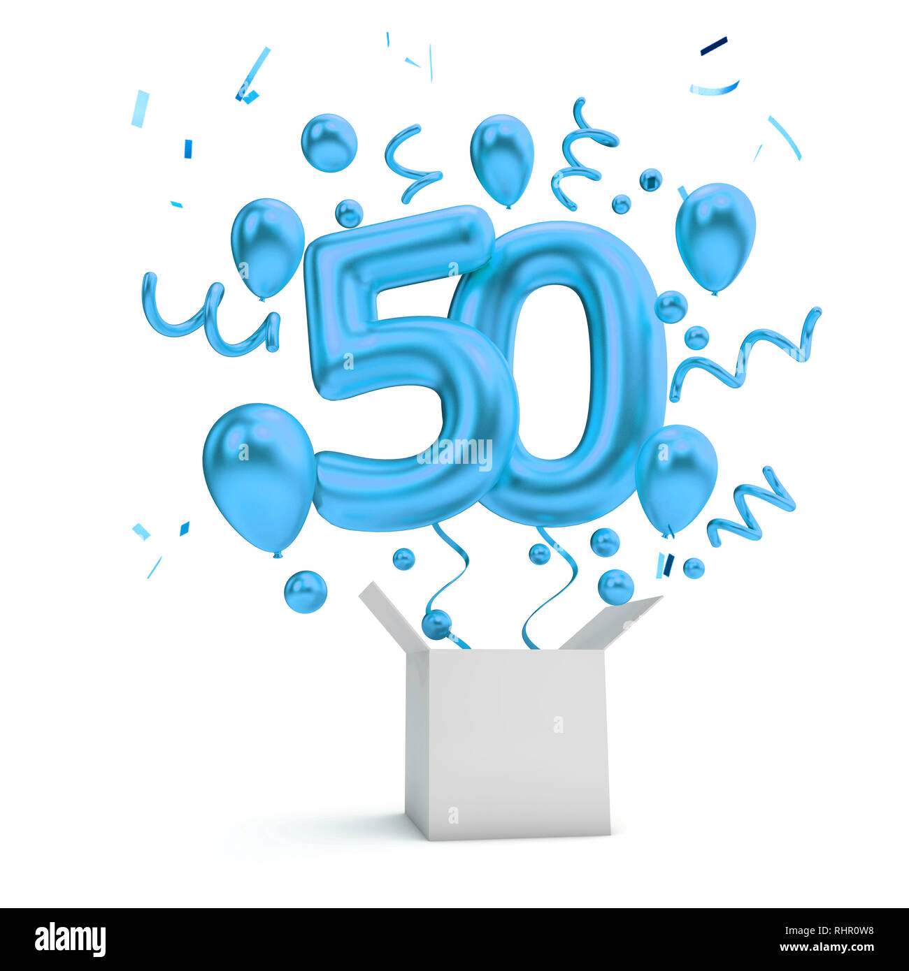 Heureux 50e anniversaire ballon surprise bleu et fort. Le Rendu 3D Banque D'Images