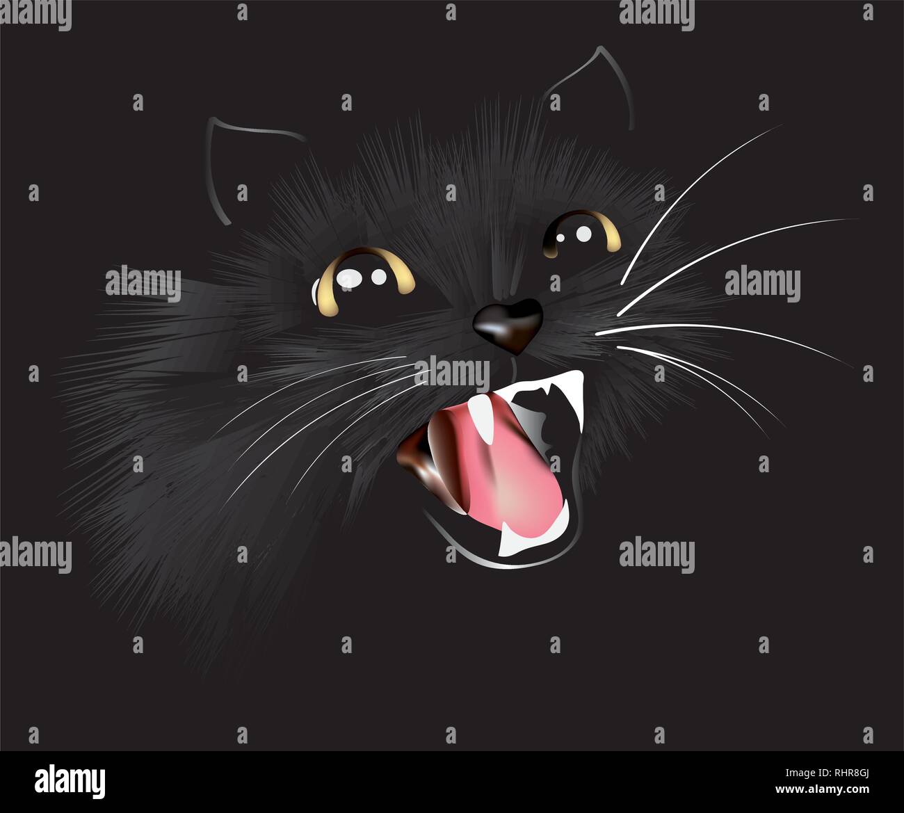 Chat noir, fond noir, illustration vectorielle, chat en colère, sifflant Illustration de Vecteur