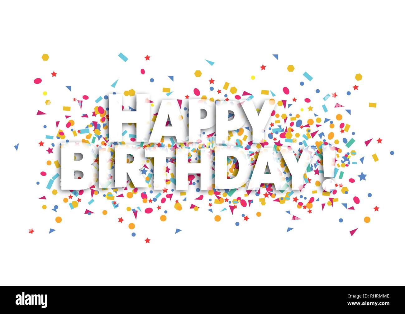 Happy birthday card, un texte blanc et confettis Banque D'Images
