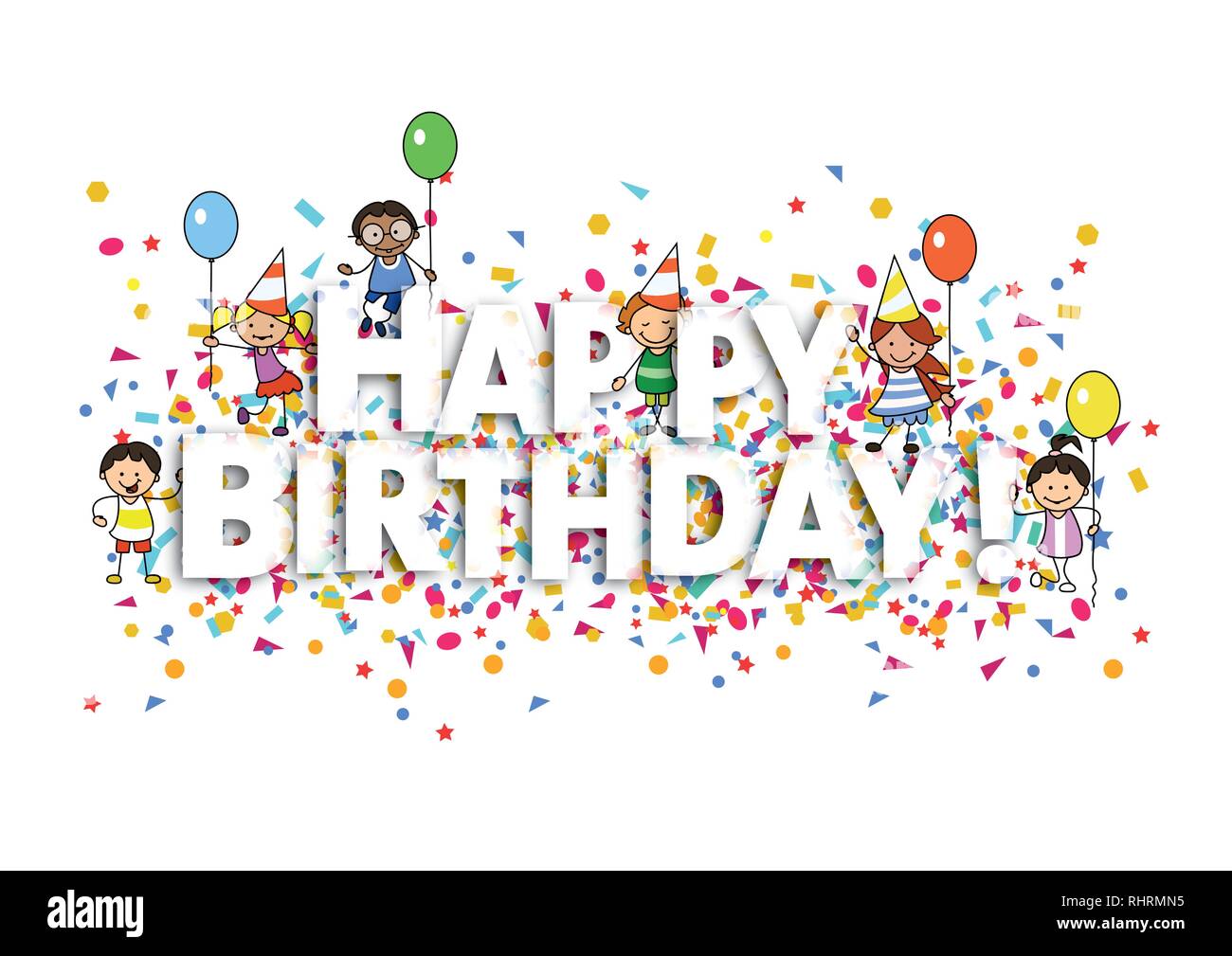 Joyeux anniversaire carte avec confettis et illustration pour enfants Banque D'Images