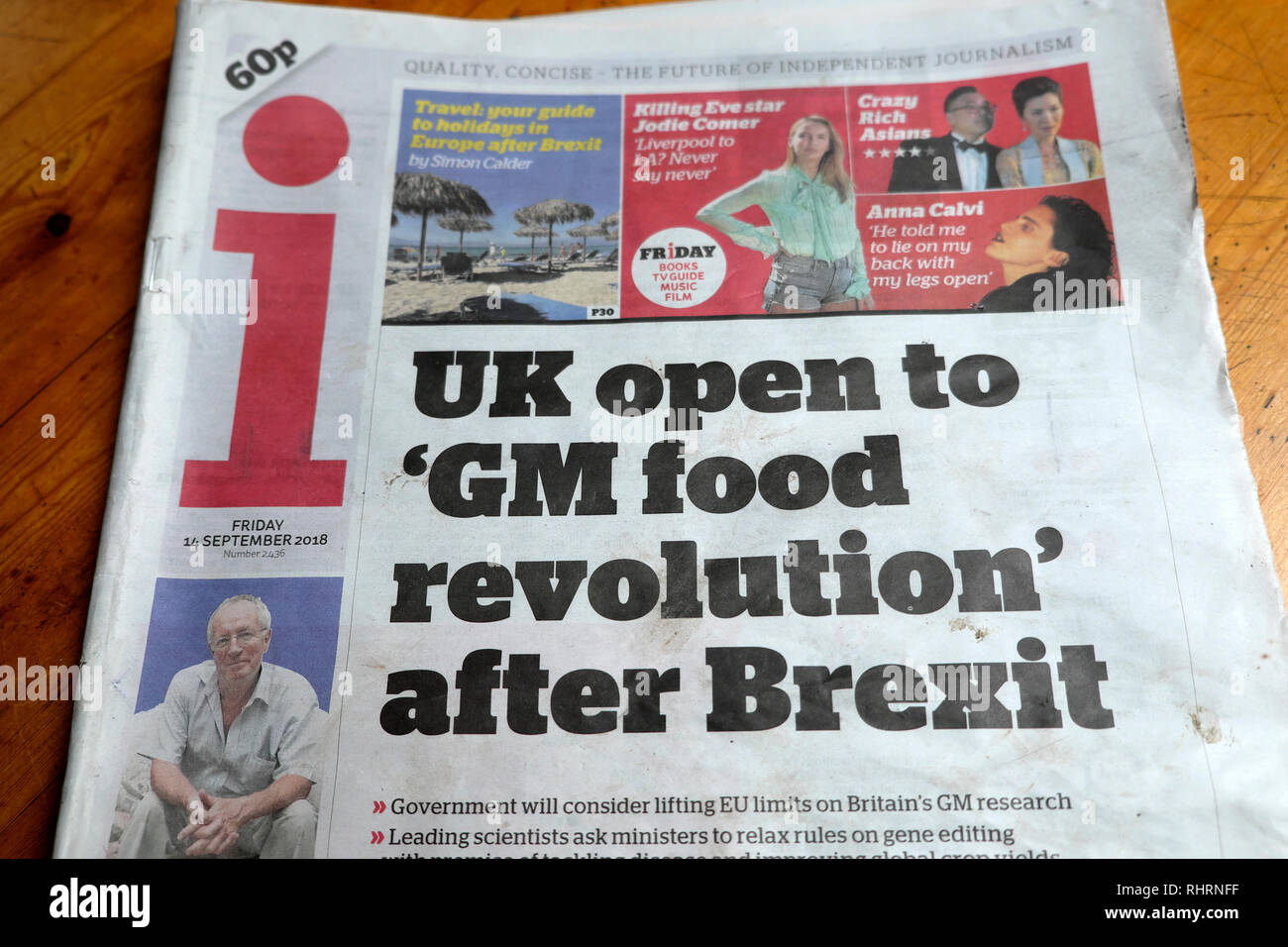 J'ai première page de journal titre "UK ouvert aux aliments GM 'révolution' après Brexit' London England UK 14 Septembre 2018 Banque D'Images