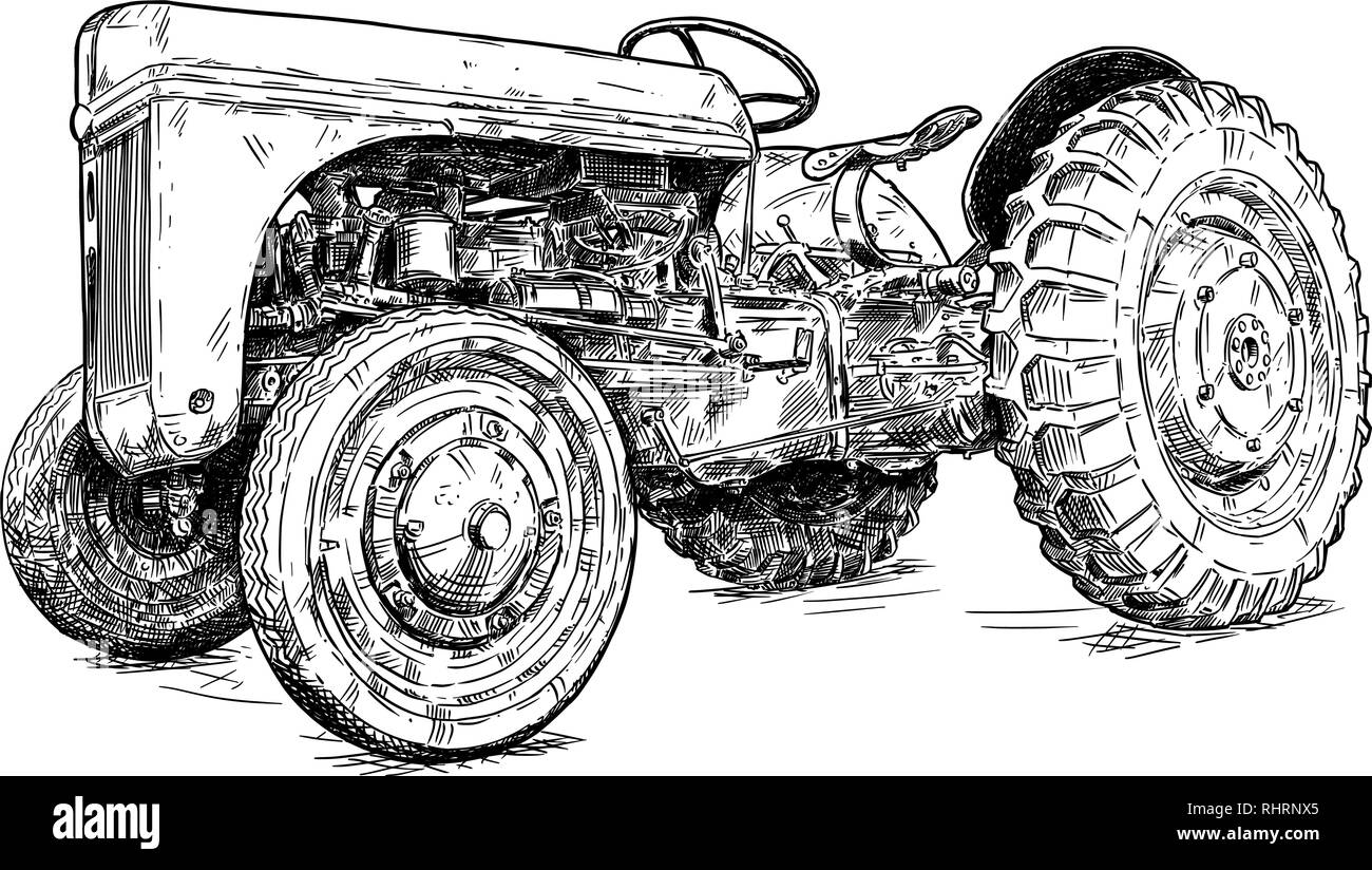 Dessin animé ou style bande dessinée Dessin de vieux tracteur rouge Vintage ou Illustration de Vecteur