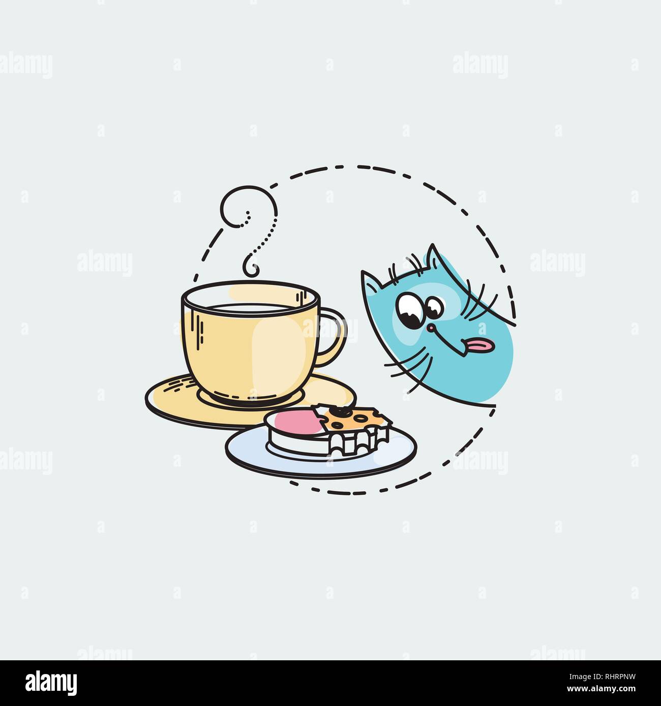 Carte vectorielle avec chat mignon avec cuvette et un sandwich. L'heure du thé, café ou cacao. Illustration pour les estampes, dessins, livres à colorier Illustration de Vecteur
