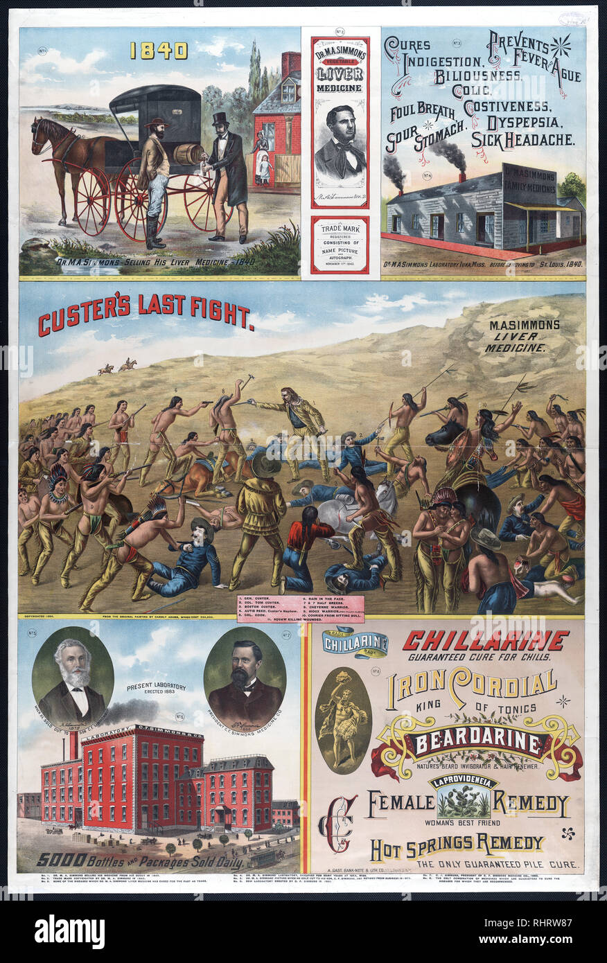 Publicité pour un médicament breveté montrant M. Simmons de vendre son médicament à partir d'un buggy à chevaux et son laboratoire d'un étage en 1840 ; construction d'une scène de bataille intitulé 'Custer's last fight" ; et des portraits des propriétaires et de laboratoire de quatre étages dans les années 1880. Banque D'Images