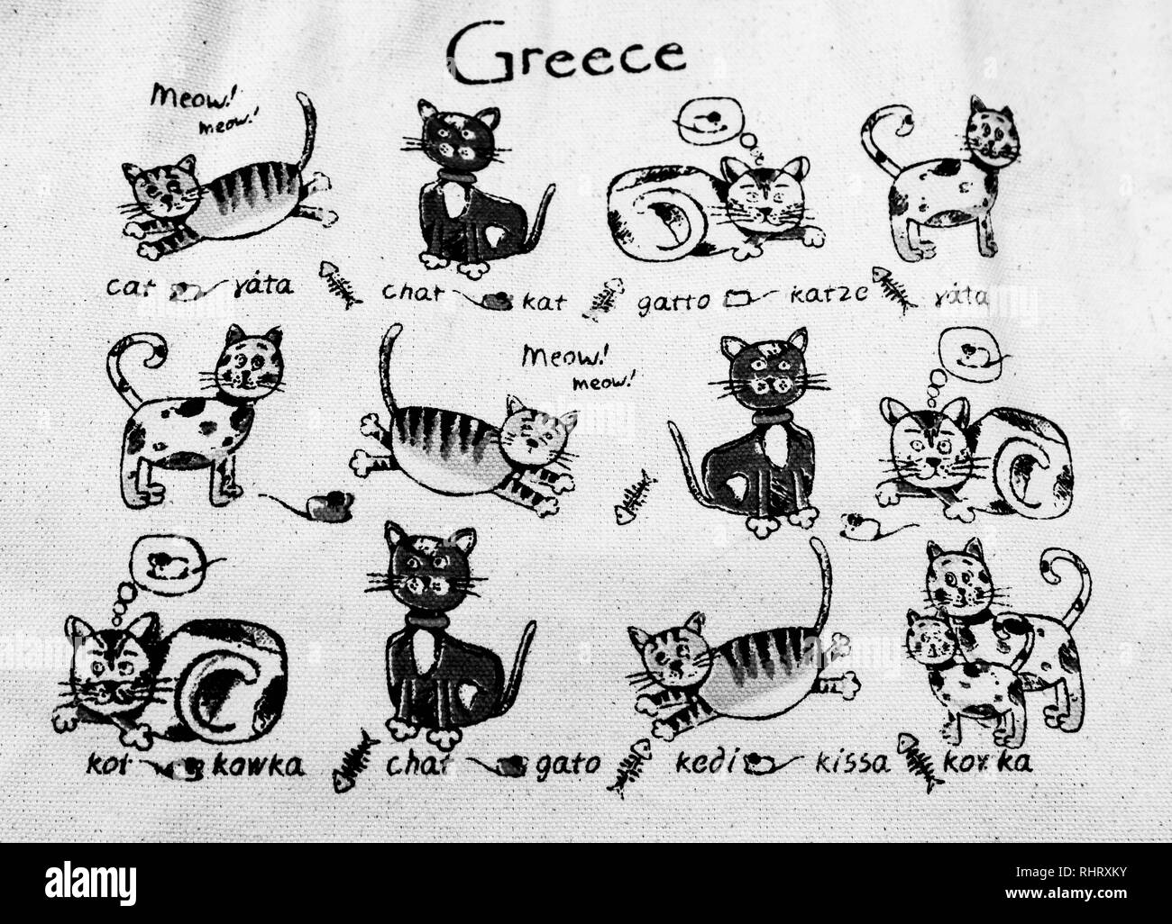 Sac en toile grec avec cartoon chats, représentant les chats de Grèce. Banque D'Images