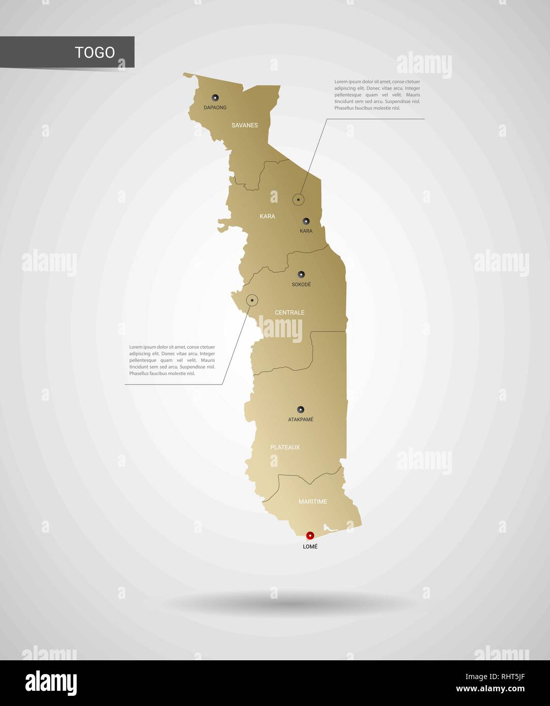 Vecteur stylisé Togo carte. L'infographie 3d gold site illustration avec les villes, les frontières, les capitaux, les divisions administratives et de l'aiguille, les marques de l'ombre ; gra Illustration de Vecteur