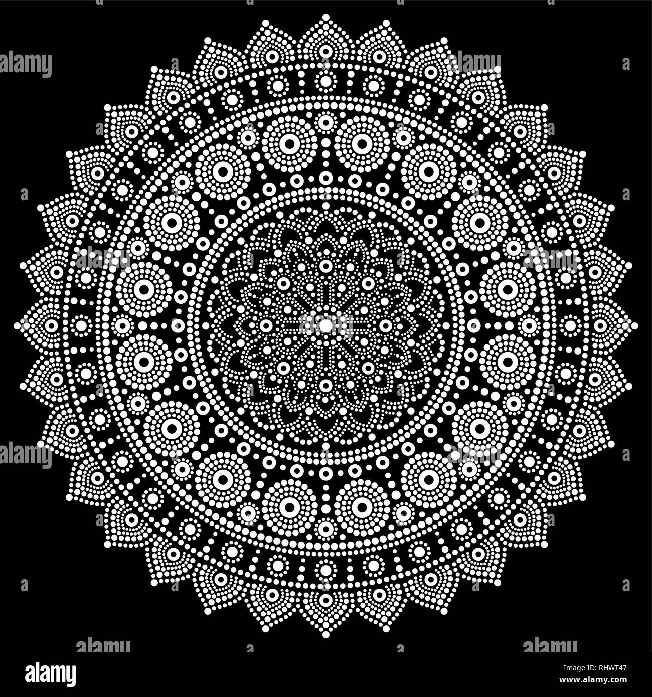 Vecteur conception Mandala, les dot painting style, style Boho folk art australien en blanc sur fond noir Illustration de Vecteur