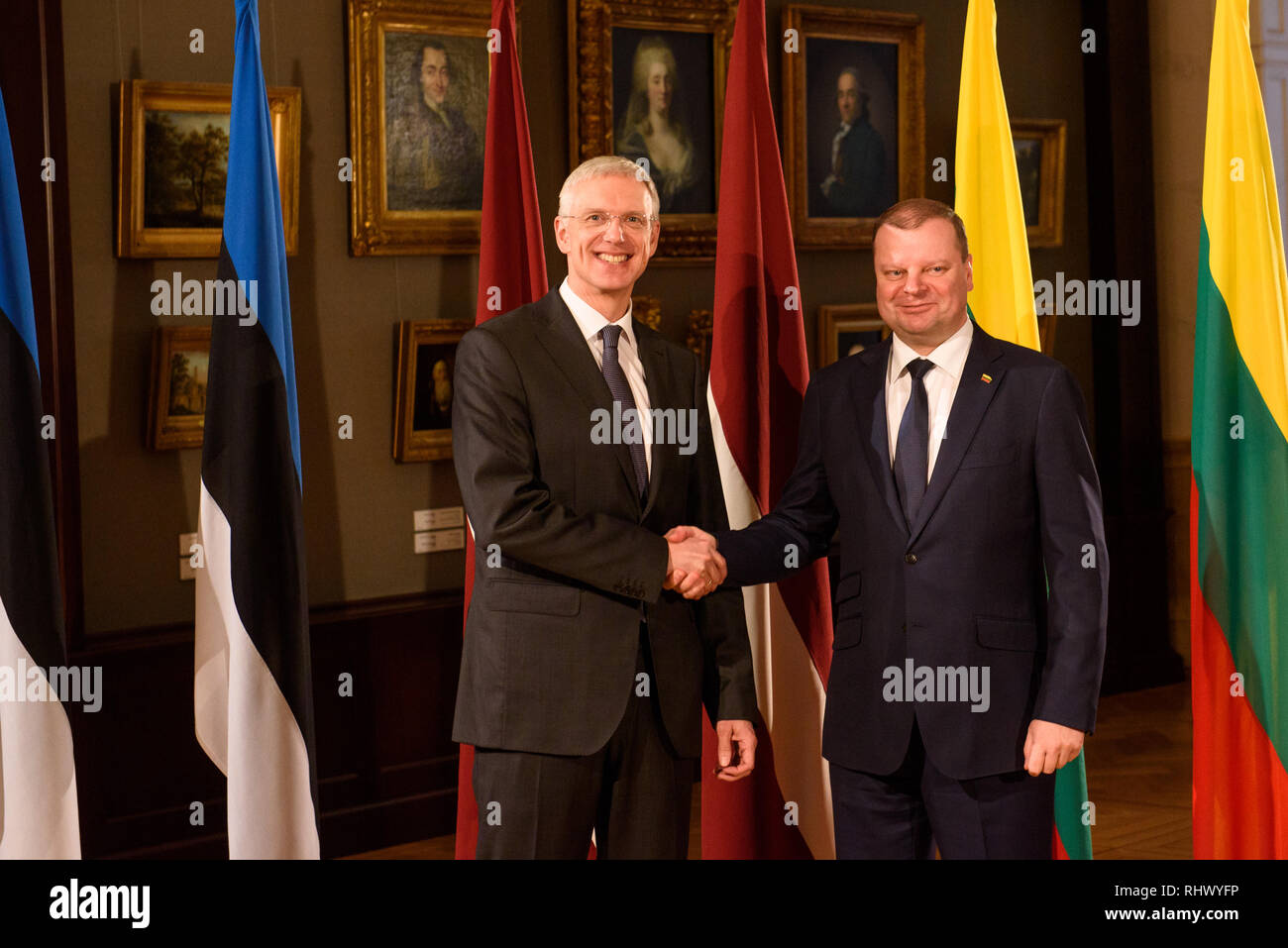 04.02.2019. RIGA, Lettonie. Krisjanis KARINS, Premier Ministre de Lettonie et Saulus Skvernelis, Premier Ministre de la Lituanie, au cours de réunion du Conseil balte des ministres. Le Musée d'Art de Riga Bourse Banque D'Images