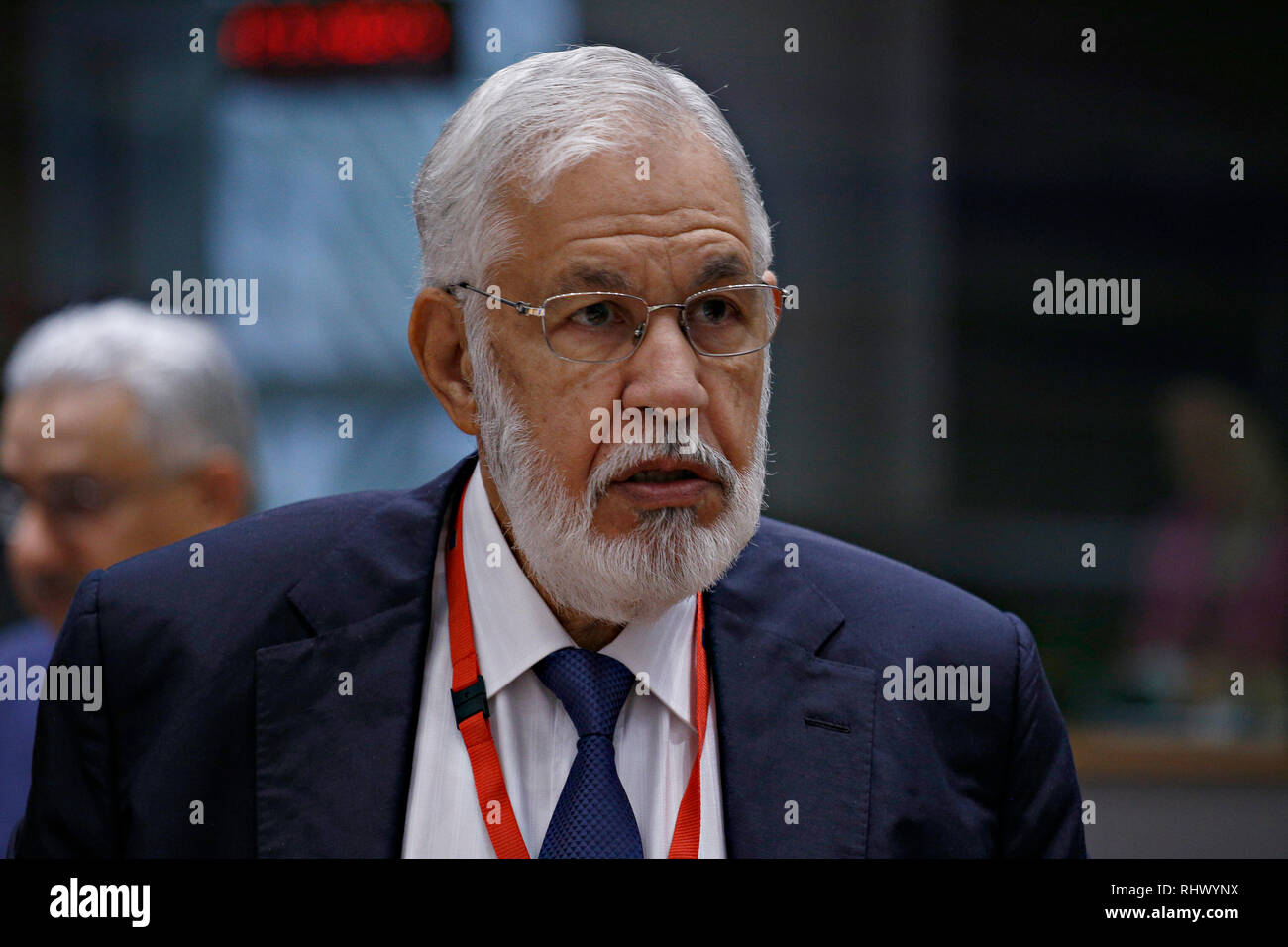 Bruxelles, Belgique. 4e 10 févr. 2019. Le Ministre des affaires étrangères de la libye Mohamed Taher Siala se présente à l'UNION EUROPÉENNE 5ème-Ligue des États arabes (LEA) Réunion ministérielle. Alexandros Michailidis/Alamy Live News Banque D'Images