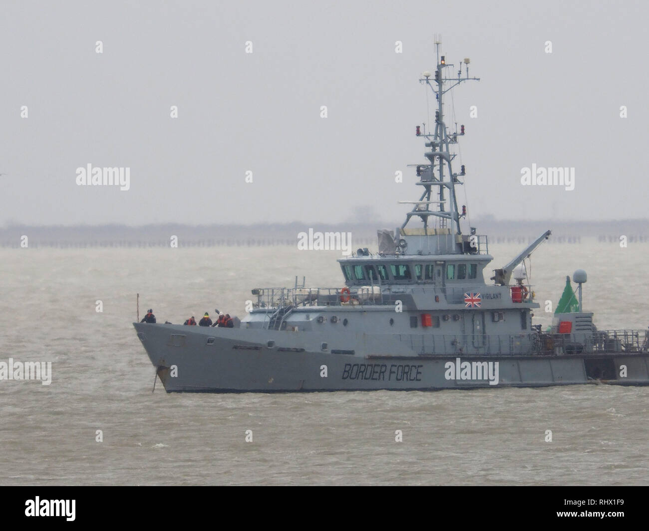 Sheerness, Kent, UK. 4 Février, 2019. Coupe-bordure active vigilance HMC ancré à Sheerness Kent en ce matin. HMC Vigilant est l'un des quatre 42 m (138 ft) cutters exploité par la UK Border Agency. Credit : James Bell/Alamy Live News Banque D'Images