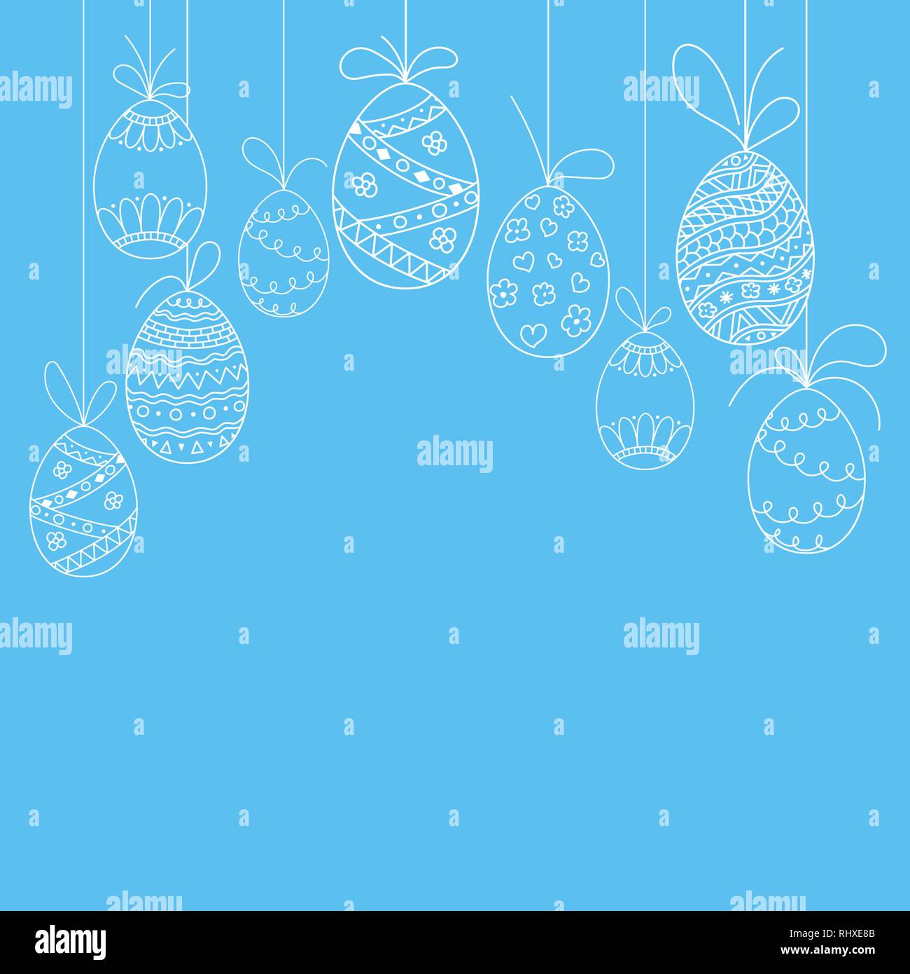 Carte d'invitation de Pâques vecteur doodle les oeufs de Pâques. Dessin à la main modèle de Pâques oeufs blancs sur fond bleu Illustration de Vecteur