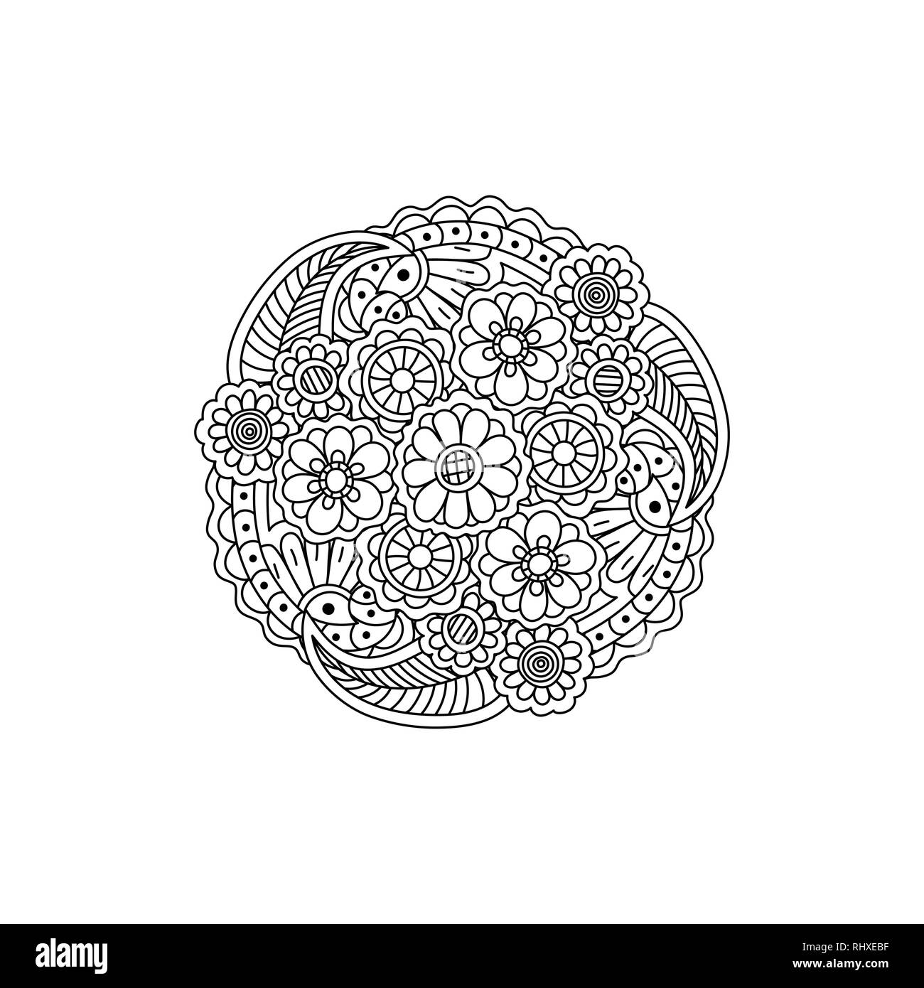 Vector floral mandala noir décoratif à motifs, l'élément de conception. La page de coloriage anti stress pour les adultes. Illustration de Vecteur