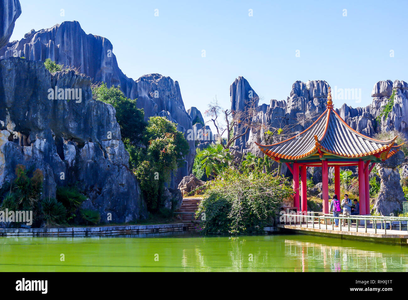 Pavillon chinois sur un lac en forêt de pierre, Kunming, Chine Banque D'Images