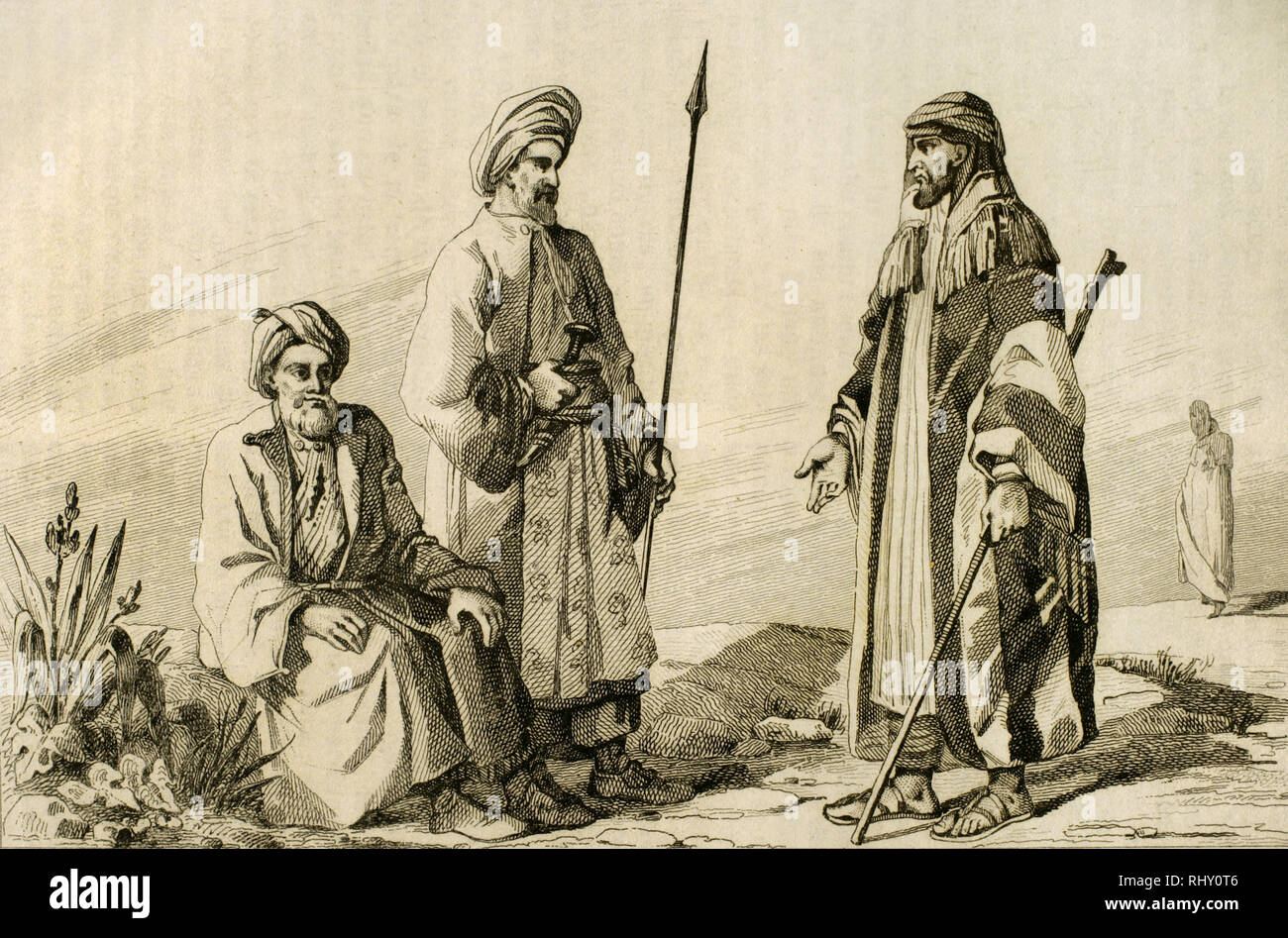 Histoire de l'Arabie. De gauche à droite : Prêtre de Jidda, arabes et distingué chef des wahhabites. Gravure de Vernier. Lemaitre direxit. Panorama universel. Histoire de France, 1851. Banque D'Images