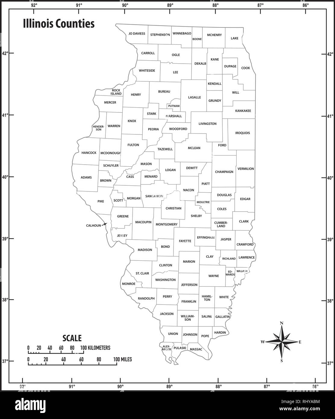 Aperçu de l'état d'Illinois et politiques administratives carte vectorielle en noir et blanc Illustration de Vecteur