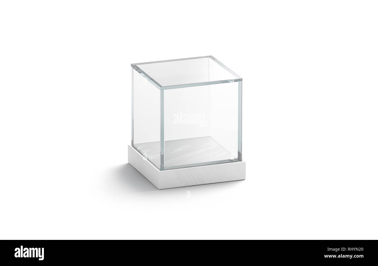 Vitrine en verre blanc et vide la maquette de cube, isolé, rendu 3d. Acrylique vide podium box immersive. Vitrine en plexiglass clair pour l'expo ou de vote. Dôme transparent de l'intérieur modèle. Banque D'Images