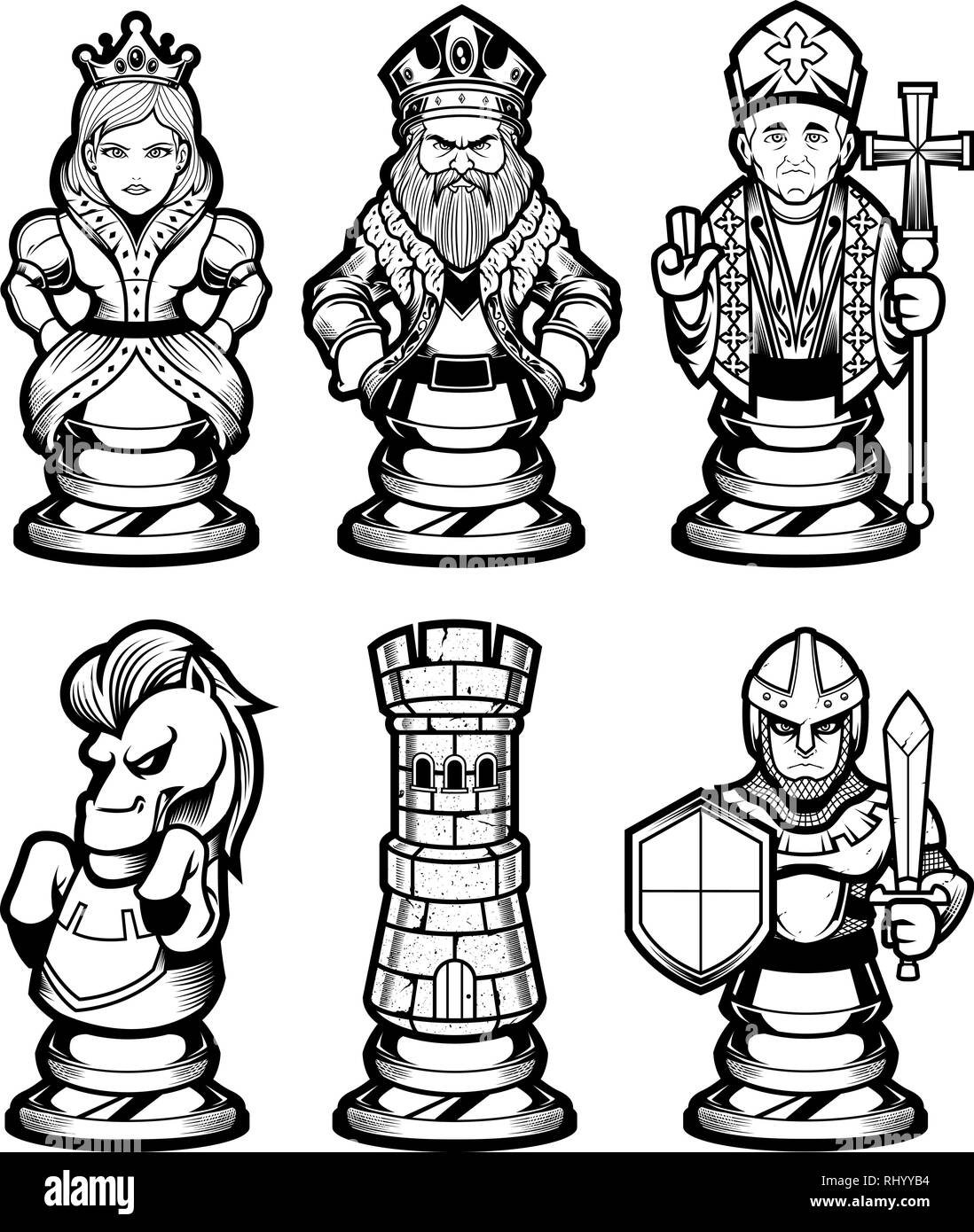 Jeu de pièces d'échecs noir et blanc Illustration de Vecteur