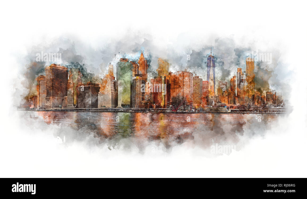 Panorama de la ville de New York - Manhattan et quartier d'affaires de la matinée, soleil doux, couleurs très grande taille - illustrations à l'Aquarelle Banque D'Images