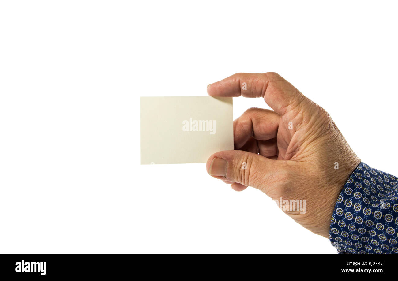 Hand holding blank business card design blanc isolé sur fond blanc Banque D'Images