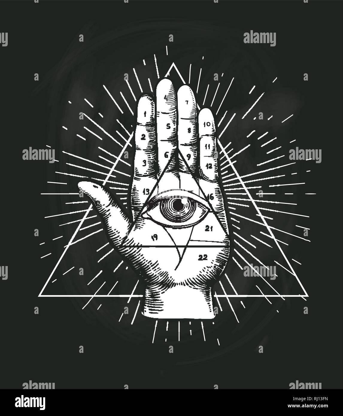 All Seeing Eye vecteur conception géométrique du triangle. Pyramide Providance Symbole tatouage avec signe Main Secret occulte. Illuminati spirituels mystiques Ske l'Emblème Illustration de Vecteur