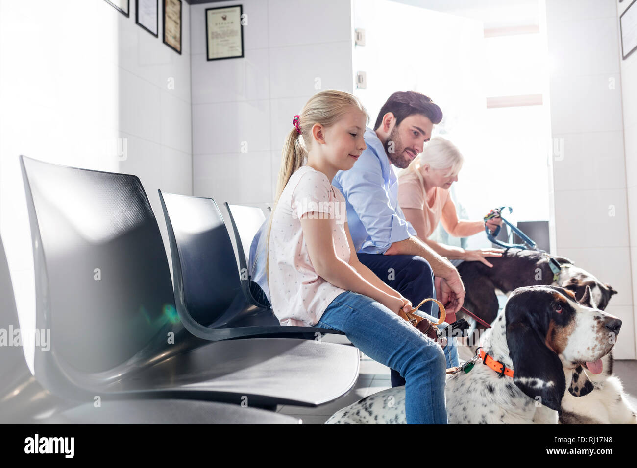 Les propriétaires d'animaux en attente avec le chien à la clinique vétérinaire Banque D'Images