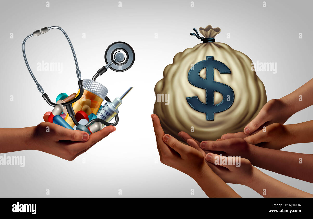 Coût des soins de santé et de la médecine sociale d'avion concept budgétaire comme un patient services tarifs symbole avec 3D illustration éléments. Banque D'Images