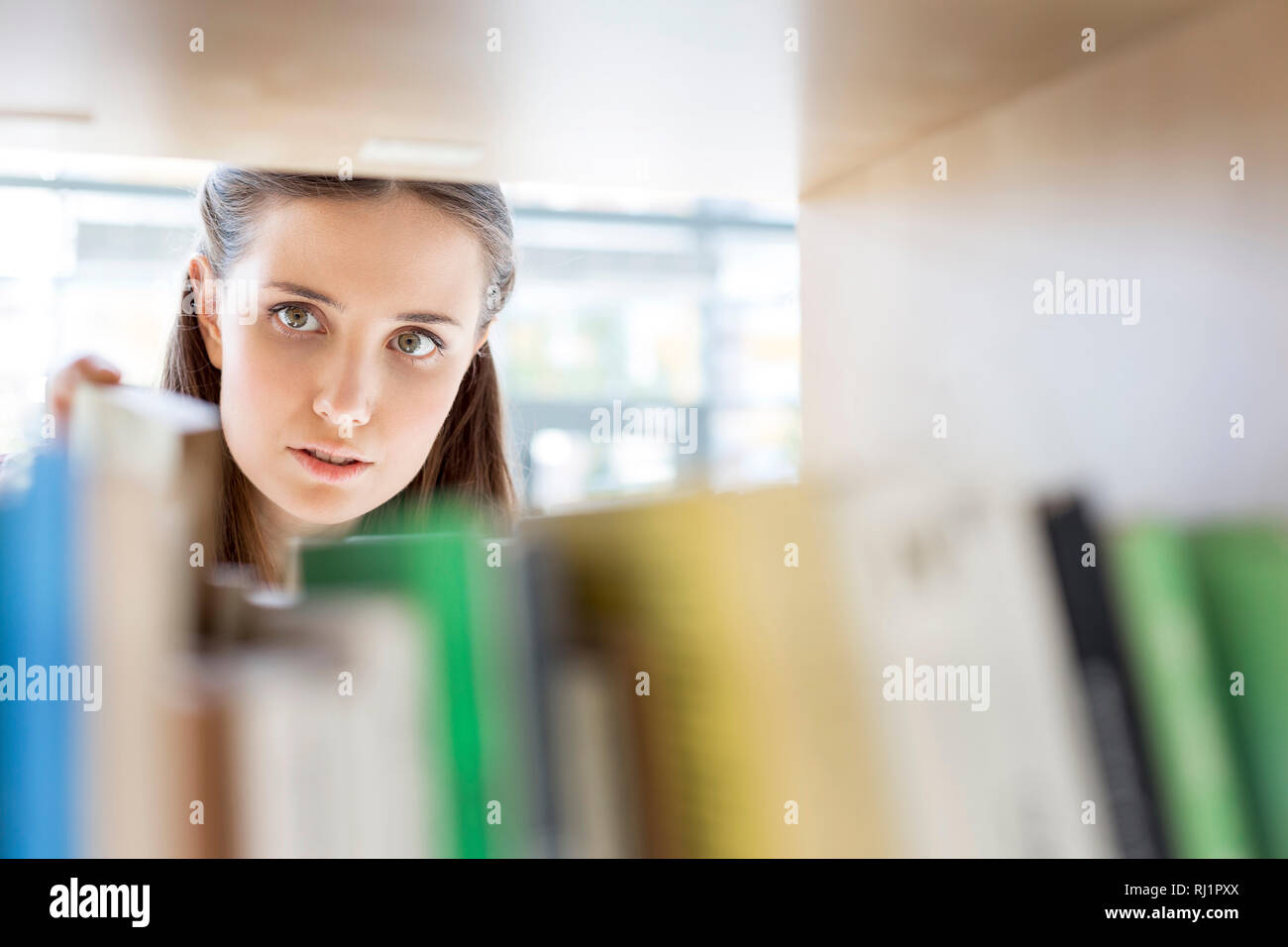 Gros plan du jeune étudiant recherche livre sur l'étagère de bibliothèque Banque D'Images