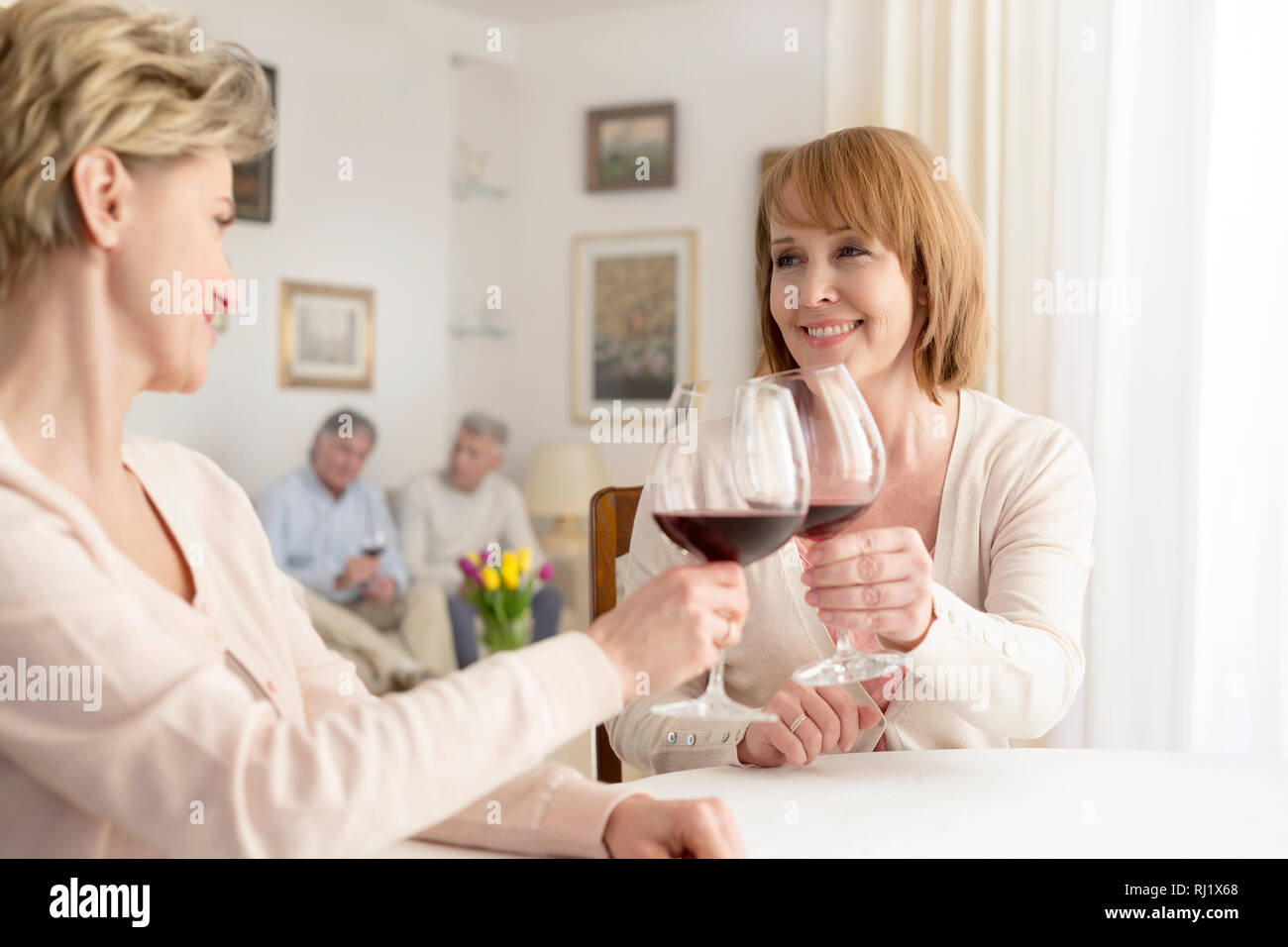 Smiling women toasting wineglasses assis à table à manger Banque D'Images