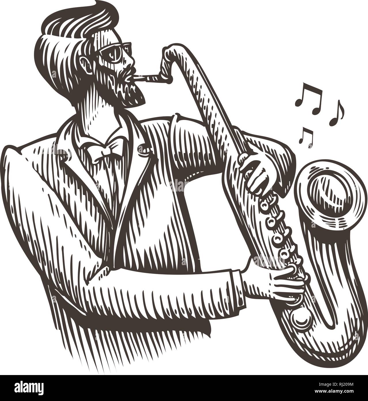 Musicien joue du saxophone. Jazz, Blues, musique live de croquis. Vintage vector illustration Illustration de Vecteur