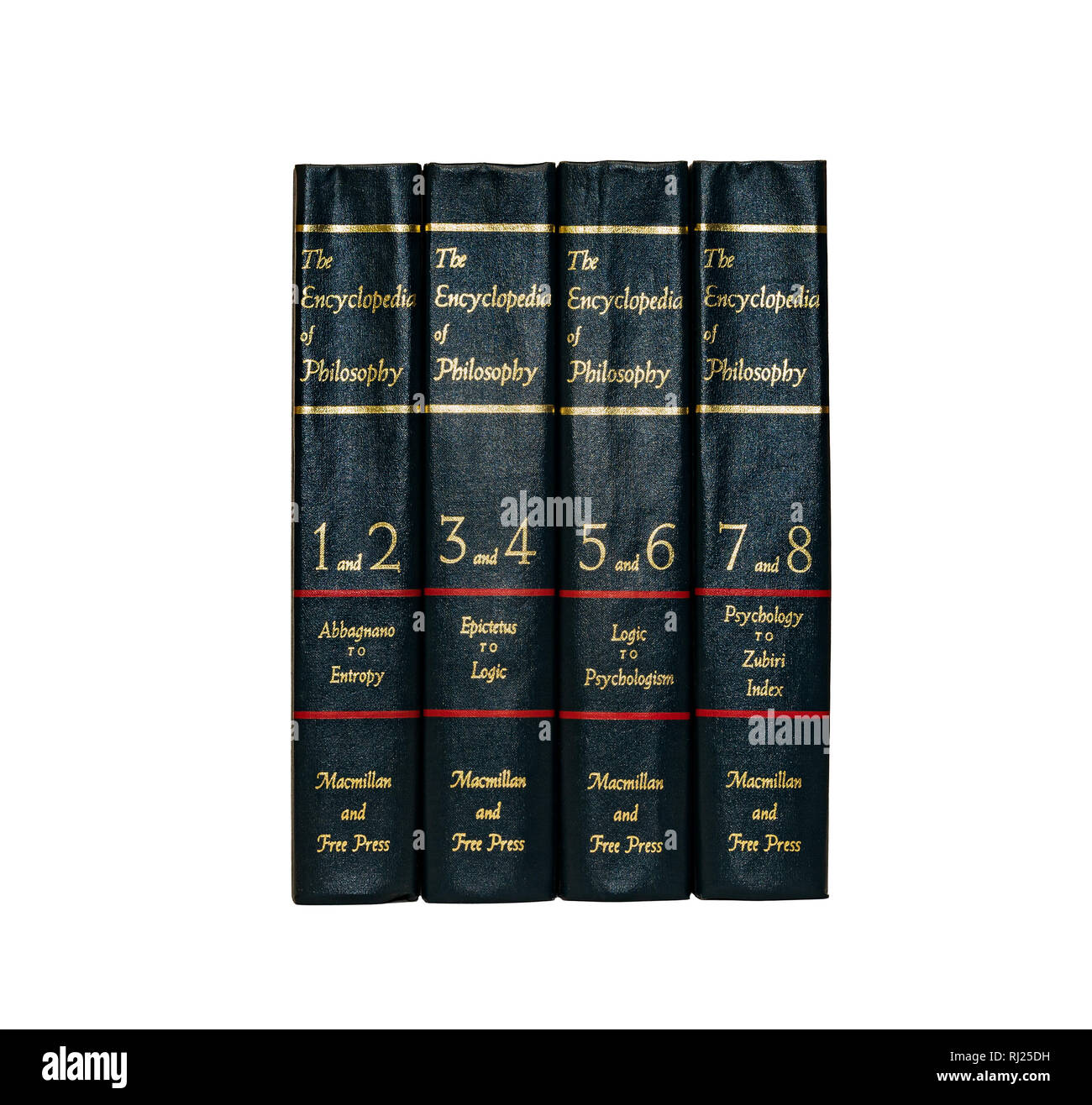 Livre de droit : L'Encyclopédie de la philosophie, huit volumes de quatre livres, Paul Edwards, rédactrice en chef, épines montrant. Isolé sur fond blanc. Banque D'Images