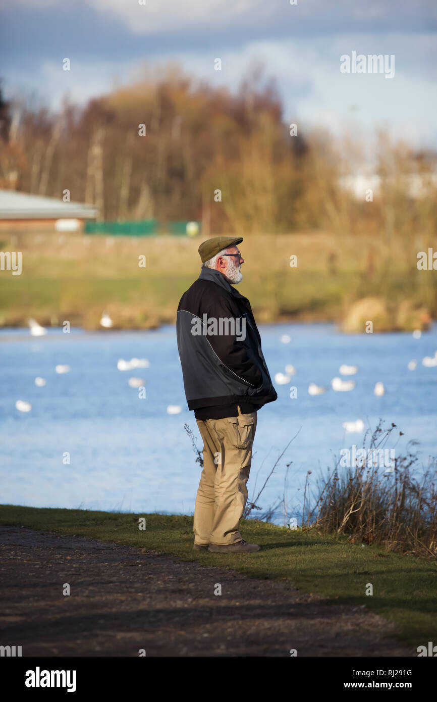 Un homme âgé dans le lac en Poolsbrook country park Banque D'Images
