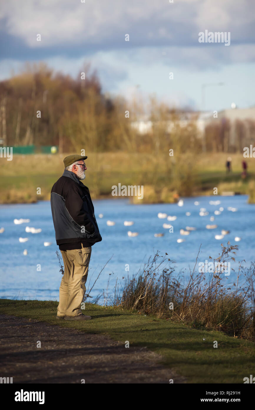 Un homme âgé dans le lac en Poolsbrook country park Banque D'Images