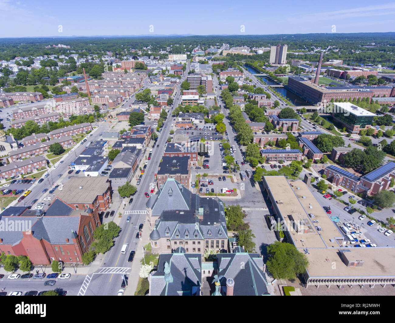 Le centre-ville historique de Lowell vue aérienne dans la région de Lowell, Massachusetts, États-Unis. Banque D'Images