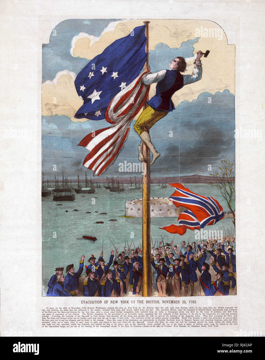 Imprimer Montrant Un Homme Sur Un Mat De Remplacement Du Drapeau Britannique Avec Un Drapeau Americain Que La Flotte Britannique Quitte Le Port De New York Comprend Un Long Texte Descriptif Photo