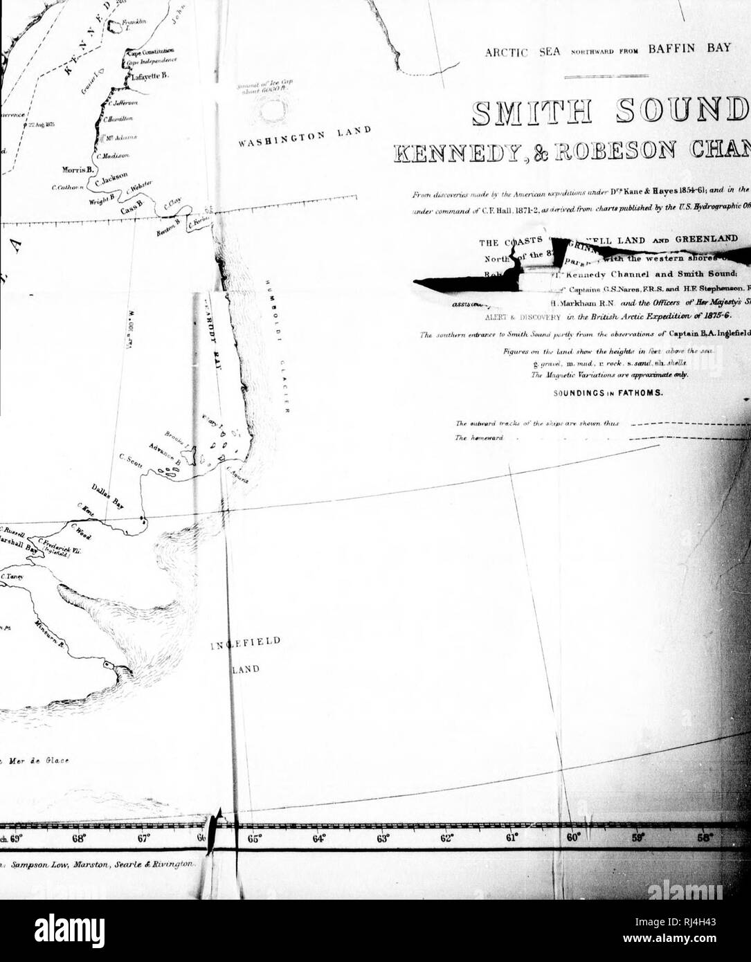 . Récit d'un voyage à la mer polaire Durant 1875-6 dans H.M. navires ' Alert' et 'Découverte' [microform]. Alerte (navire) ; Découverte (navire) ; alerte (Ship) ; Découverte (Ship) ; natural history ; sciences naturelles. Mer arctique &gt;HâiHwRi KRf).M DE LA BAIE DE BAFFIN. EHWEDT aOBlESDN,83SATELLITE /&gt ;,ââ ./.,â , Â Â ¢..,.,â â....ir ,, , l,e Mueruan ân'-J&gt;u.". sous d^'Kane* Hayes 18,W-61 et m ih, T.-S.-^larU : uuUr ommund ./ .CM- H,ai. 1871- : :. -.-'-R.W de r,u,râpnbUshed plat E, PS. Bydro-lt;rraphn- OfRr,. V ? Â"'â â ¢^¦.. Traction intégrale des terres Groenland r, , ^,Â Â".h Émilie rive ouest SorUr â I'" Kcmirclv (& Banque D'Images