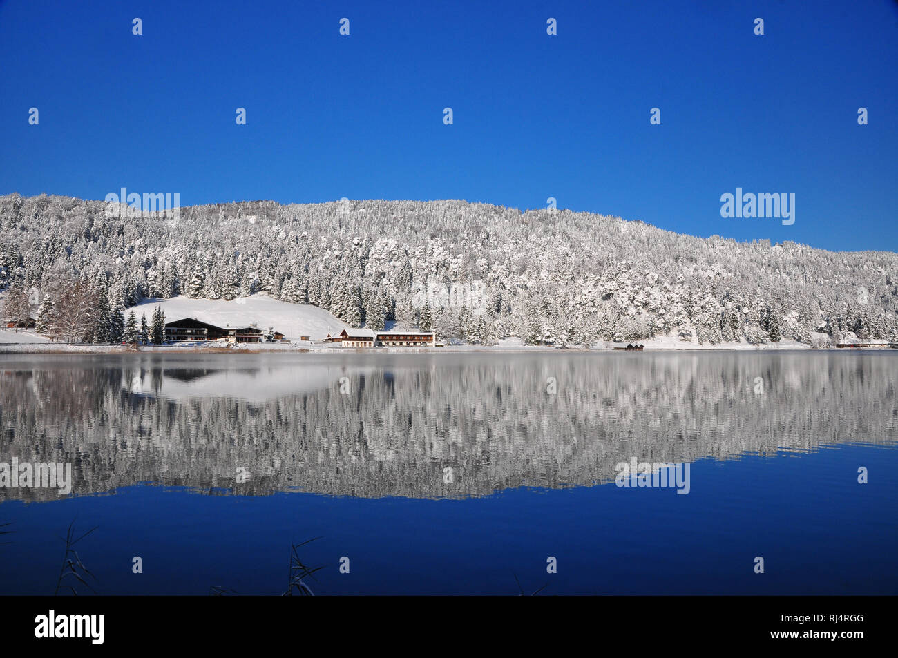 Deutschland, Bayern, Isartal, Mittenwald, Winterlandschaft, Lautersee, Wasserspiegelung Banque D'Images