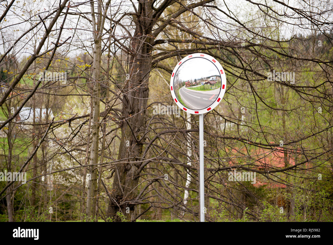 La circulation routière signe miroir convexe poster installés dans la zone à risque avec une visibilité limitée, reflet de la route sécurité routière en Pologne, Europe, arbres behin Banque D'Images