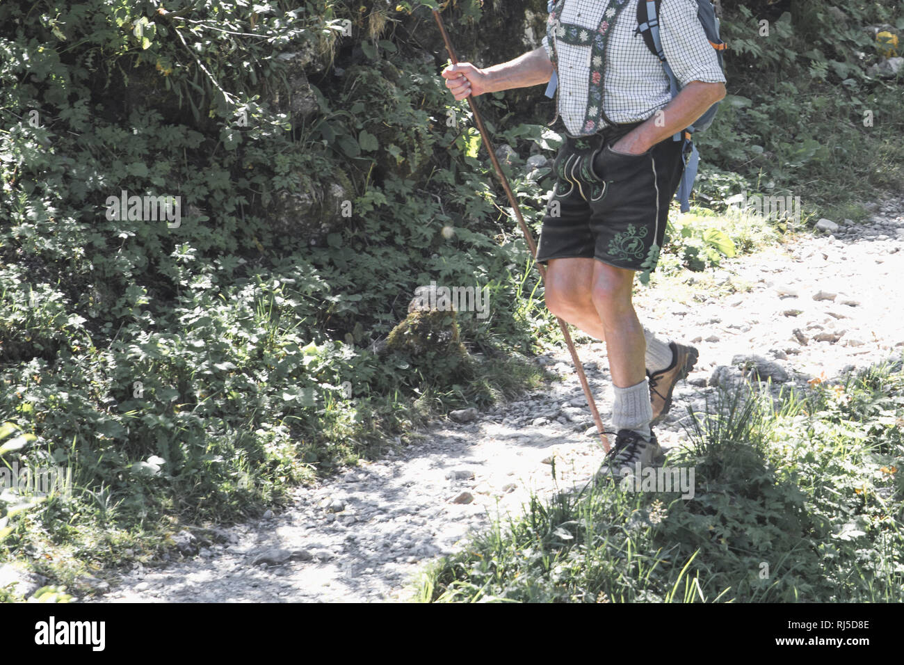 Dans Wanderstab Mann mit Lederhose Banque D'Images