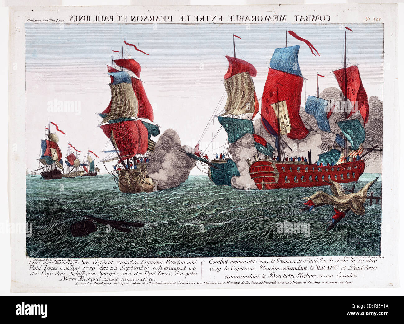 Vue d'optique montrant bataille navale pendant la guerre révolutionnaire entre John Paul Jones du Bonhomme Richard et le Capitaine Richard Pearson du navire de la marine britannique Sérapis, 22 Septembre, 1779. Banque D'Images